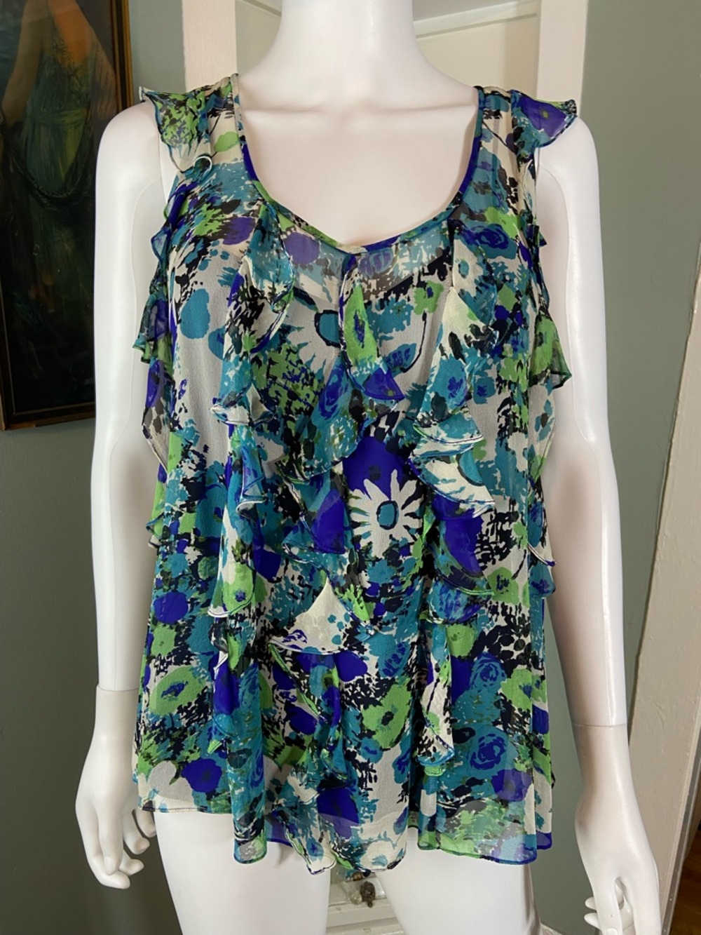 Rebecca Taylor Silk Sheer Blue Green Floral Ruffle Tank Top Blouse Camisole Sz 4